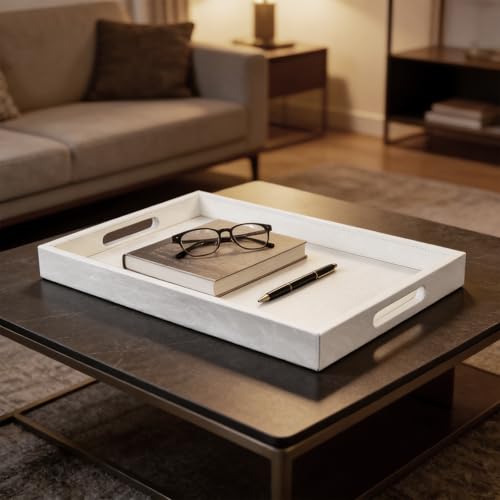 18x12 inches Leather Ottoman Serving Tray with Hole Handles, Rectangle Modern Service Tray for Living Room, Coffee Table, Bed, Tea, Food, Butler Countertop, Kitchen, Dinner, Picnic (White) - color: White, size: 18" x 12" x 2"