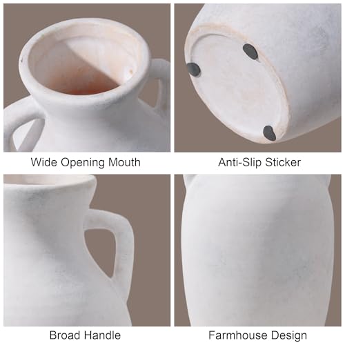 Ceramic Flower Vase with Handles, Neutral Tall Clay Decorative Terracotta Vases Farmhouse Table Vases Living Room Decor Rustic Pottery Pots for Home Shelf Coffee Dining Desk (A-12 h-Antique Beige) - color: A-12"h-antique Beige
