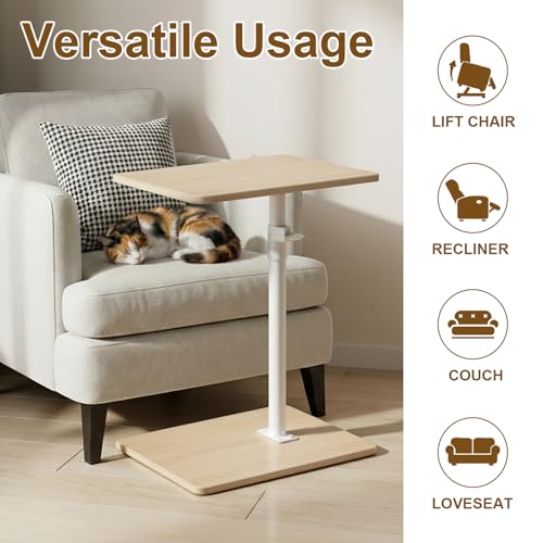 YUHFERA Sofa Armrest Tray Table for Couch - 360 Swivel Height Adjustable End Table for Small Spaces, Snack Side Table for Bed or Chair with Phone & Tablet Slot (Oak, Enlarged) - color: Fair, size: Enlarged