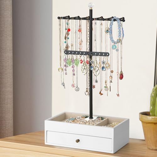 Meangood Jewelry Organizer Stand, 3-Tier Necklace Holder Jewelry Tree with Wooden Storage Drawer Box for Necklace Bracelet Earring Ring,White - color: Light White