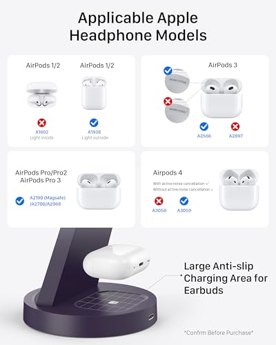 Anlmz 3 in 1 Charging Station for iPhone - Wireless Charger for Apple Products Multiple Devices - Charging Dock Stand for AirPods (for iPhone 17 16e 16 15 14 13 pro 12 11 X Max) - color: Purple
