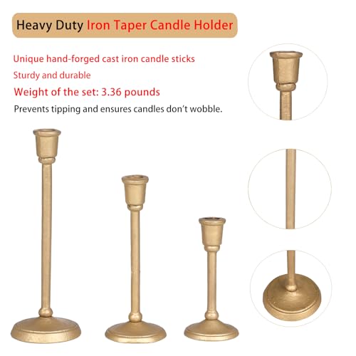 Gold Candlestick Holder Set of 3, Heavy Cast Iron Candlesticks with Antique Brass Finish, Sturdy Candle Sticks for Dining Table, Wedding, Fireplace, Home Decor - color: Antiqued Gold 6