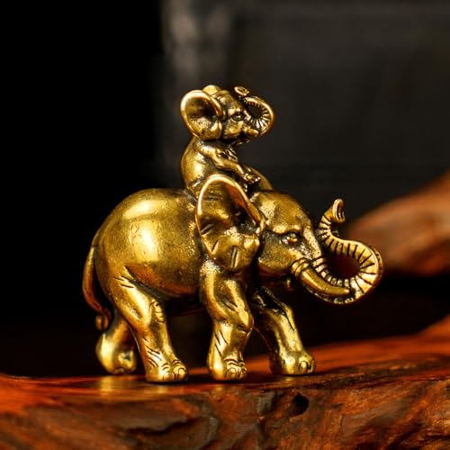 CHOVY Retro Brass Elephant Statue - 100% Solid Handcrafted Mother & Baby Elephant Sculpture, Vintage Desktop Decor, Collectible Art Piece for Shelf Display, for Elephant Lovers & Collectors - style: Elephant