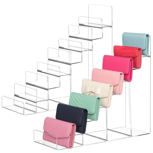 Kathfly 2 Pack 8-Tier Acrylic Wallet Display Stand Clear Purse & Handbag Organizer Riser Shelf for Perfume, Sunglasses, Cosmetics, Jewelry Vendor Display for Craft Fairs, Retail - size: 8-tier