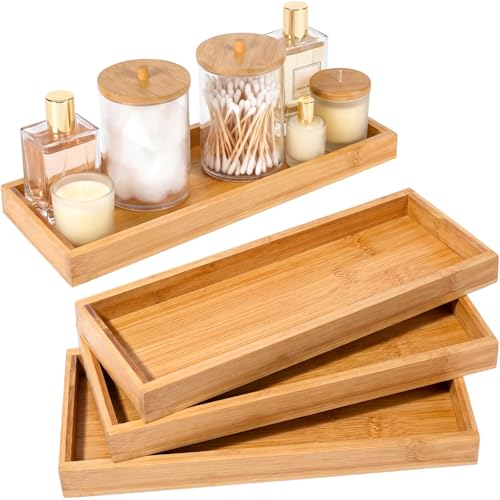 Chengu 3 Pcs Bamboo Vanity Trays for Bathroom Small Wooden Serving Tray for Bathroom Counter Food Appetizer Tea Dessert Kitchen Candle Tissue Toilet Tank Home Decor, 11 x 4 Inch(Rectangle Style) - style: Rectangle Style