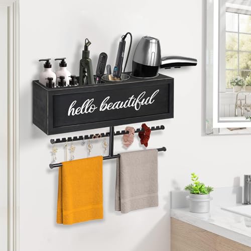 Rustic Hair Dryer Holder Wall Mounted,Hair Styling Tools & Accessories Organizer,Bathroom Supplies & hot Tools vanities Organizer Caddy,for Storage Flat Iron,Blow Dryer,Curling Iron,Towel - color: Black