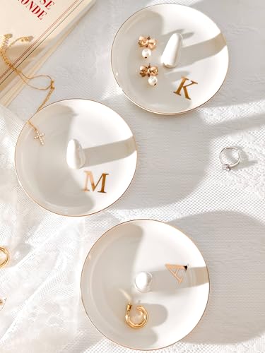 Ceramic Initials Jewelry Tray Ring Dish With Personalized T-Monogrammed Engagement Wedding Gifts, for Birthday Mother's Day for Women, Ceramic White 4.7" x2.4" - style: T