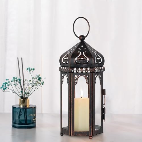 DECORKEY Vintage Medium Size Candle Lantern Decorative, Moroccan Style Vintage Hanging Lantern with Clear Glass, Metal Tabletop Lantern Decor, Indoor Outdoor Candle Holders for Coming Season - color: Clear 1, size: Medium