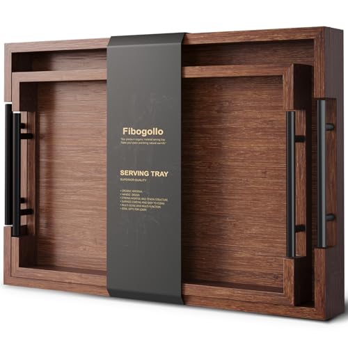 Fibogollo Bamboo Set of 2 Serving Tray with Metal Handles,Ottoman Decorative Trays Platter for Coffee Table,Living Room,Bar,Party(Brown) - style: Brown-Medium and Large Set