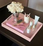 HofferRuffer Rectangle Serving Tray with Hole Handles for Coffee Table, Breakfast, Tea, Food, Butler - Countertop, Kitchen, Vanity Serve Tray, 16.2 x 12.2 x 2 inches, Faux Leather (Pink) - color: Pink, size: 16.2" x 12.2" x 2"