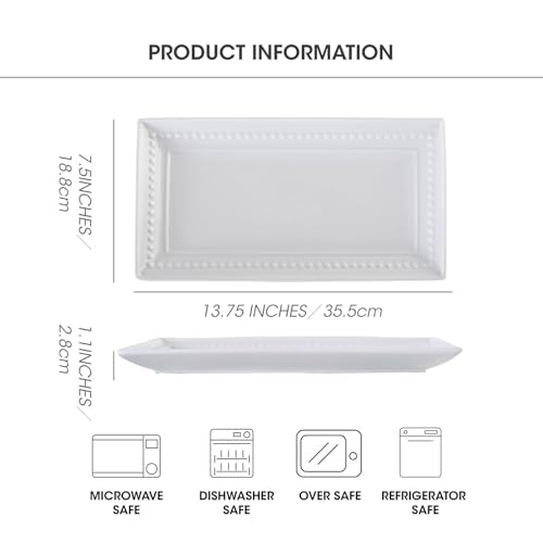 14 inch Ceramic Serving Platter - Rectangular Serving Trays Set of 4, Large Embossed Plates, Porcelain White Platters for Steak, Appetizer, Dessert, Tacos, Housewarming, Oven Dishwasher Safe