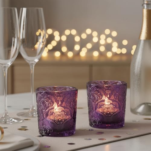 6 Pack Mandala Embossed Glass Candle Holders – Votive Tealight Holders with Patent Design, Decorative Embossed Glass Cups for Wedding Centerpieces, Parties, and Home Décor (Amethyst Bloom) - color: Amethyst Bloom
