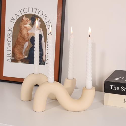 Ceramic Candle Holder Set of 2,Modern Taper Candlestick Holder for Dining Table Living Room Wedding Decor,White Candelabra for 2 Taper Candles