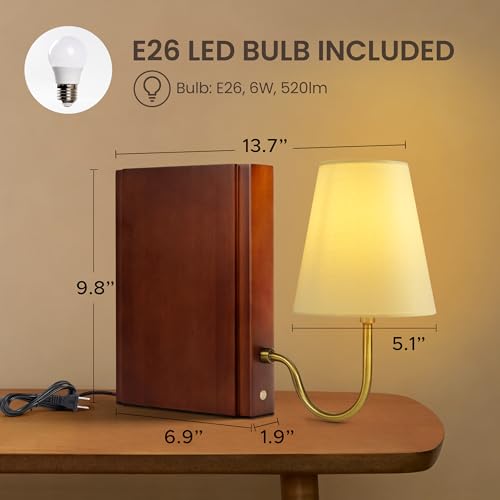 AELS Wooden Bookshelf Lamp with Bulb, Table Lamp with Linen Shade, 3-Color Dimmable Touch Control, Modern Decorative Bookend, Book Sconce for Office Home Bedroom Bookshelf, Dark Brown - color: Dark Brown, size: Plug-in Model