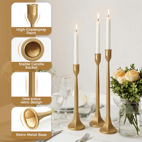Vintage Gold Taper Candle Holders Set of 3 Cast Iron Antique Brass Decorative Candlestick Holder for Wedding Dining Table Party Rustic Home Decor - color: Gold