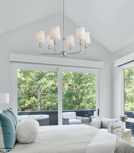 Modern 6 Light Chrome Chandelier with White Fabric Shades Elegant Ceiling Light,Farmhouse & Industrial Pendant Chandelier for Dining Room Living Room Bedroom,E12 Base - color: Chrome