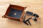 USA Handmade Premium Leather Valet Tray, Folds Flat! Dice Rolling Basket and Organizer with Brass Snaps (Chestnut and Blue Gold, Medium) - color: Chestnut and Blue Gold, size: 5" x 5" x 2"