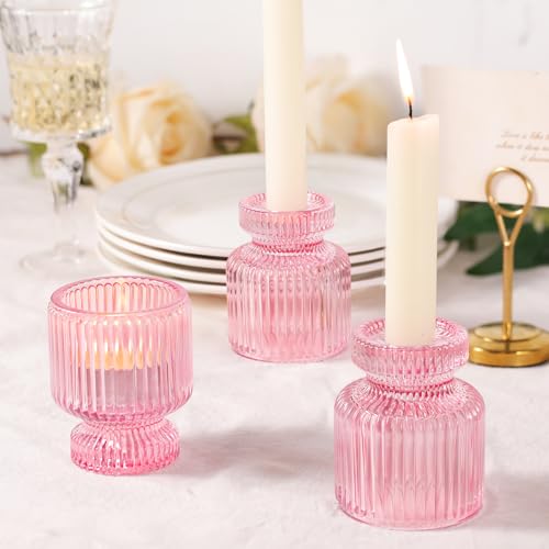 DARJEN 6 Pcs Pink Candlestick Holders - Glass Taper Candle Holders Tealight Votive Candle Holders for Table Centerpieces, Wedding, Dinner Party, Home, Gifts - color: Pink, size: 6Pcs