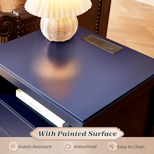 Huuger Blue Nightstand Set of 2, Night Stand with Charger Station, Bedside Table with 2 Drawers, Bed Side Tables for Bedroom, Modern Nightstands, Metal Knobs, Painted Surface - color: Blue