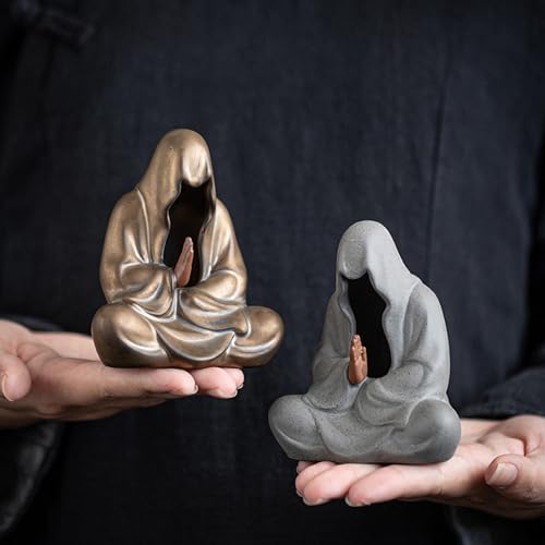 Tea Pet Buddha Statue - 3.7 Inch Faceless Clay Feng Shui Decor, Gongfu Tea Set Companion, Home Office Meditation Desk Ornament (Gray) - color: Gray