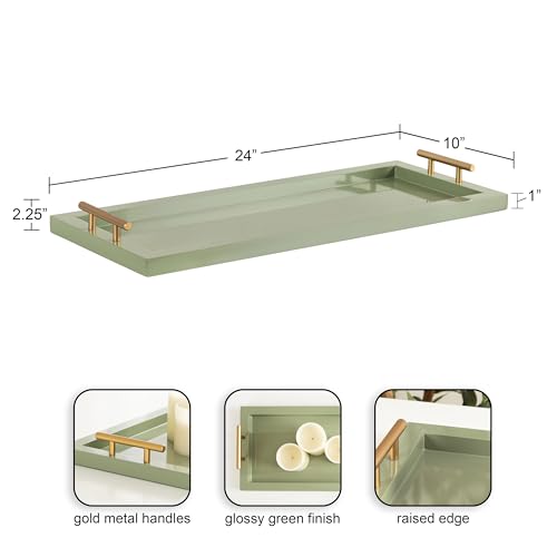 Kate and Laurel Halsey Rectangle Decorative Narrow Tray with Gold Metal Handles; 24 x 10; Green and Gold; Modern Glam Slim Serving Tray with Handles for Living Room Decor