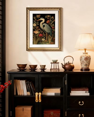 HUARCEY Vintage Botanical Bird Gold Framed Canvas Wall Art 13x16 inch, Classic Heron Floral Canvas Painting Print, Traditional Elegant Home Living Room Bedroom Farmhouse Decor - color: Blue Heron, size: 16"L x 13"W