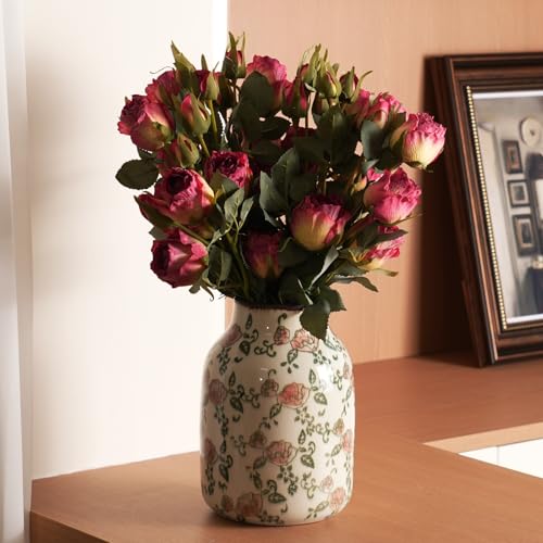 Vintage Ceramic Vase - 7.8 Inch Hand-Painted Roses with Ice Crackle Glaze Finish, American Farmhouse Style Pitcher Vase for Home Decor, Centerpiece, Shelf, Table, Office, Rustic Wedding Gift - color: Beige and Red-002