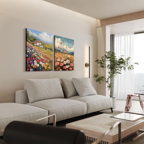2pcs Framed Vintage Oil Painting Style Canvas Paintings Country Wildflowers Pastoral Scenery Farmhouse Wall Decor Floral for Bedroom Kitchen Office Cafe Landscape Artwork Ready to Hang 12x16 Inch - color: Vintage farmhouse oil painting wildflowers, size: