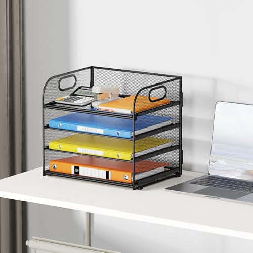 Lavatino Paper Organizer for Desk, 4-Tier Desk Organizer Tray, Mesh Desktop File Organizers with Handle, Office Classroom Organization and Storage-Black - color: 4 Tier - Black