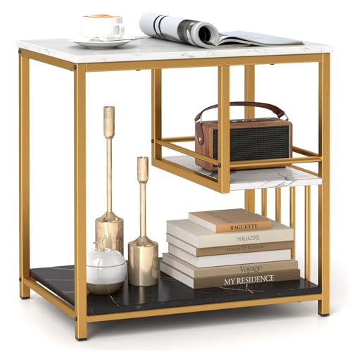Giantex Side Table with Storage, 3-Tier End Table with Golden Polished Steel Frame Sofa Couch Table for Living Room, Modern Nightstand for Bedroom, Easy Assembly, Marble & Golden