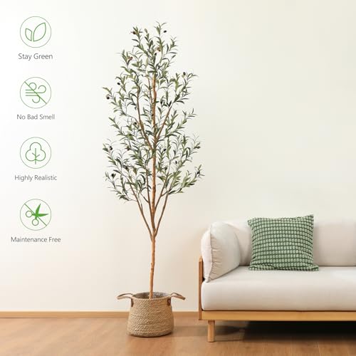 Kazeila Artificial Olive Tree 7FT Tall Faux Silk Plant for Home Office Decor Indoor Fake Potted Tree with Wood Branches and Fruits - size: 7ft