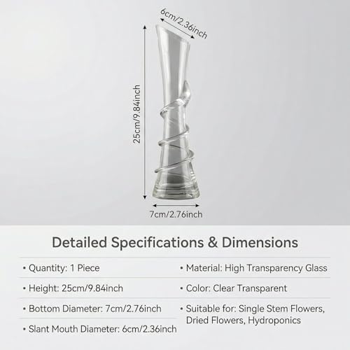 9.7 Inch Spiral Glass Vase with Angled Neck Handblown Minimalist Bud Vase for Modern Home Table Decor
