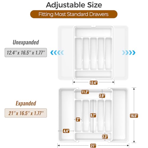 ukeetap Extra Large Expandable Silverware Organizer, BPA-Free Food-Safe Cutlery Flatware Organizer, Kitchen Utensil Drawer Organizer, Adjustable Silverware Holder for Spoons Forks Knives, White - color: White