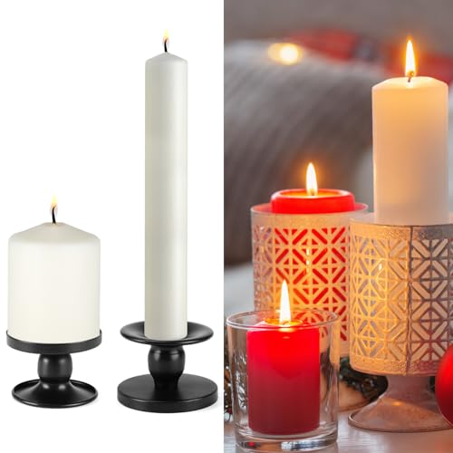 QWORK Black Metal Candle Holders for Pillar & Taper Candles, Set of 2 Small Candle Stick Holders