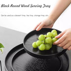 Round Wood Serving Tray, Solid Wooden Decorative Tray Non-Slip Tea Coffee Table Tray Snack Plate Food Meals Serving Tray with Raised Edges for Home Decor Kitchen Restaurant(10.6inch, Black) - size: 10.6"