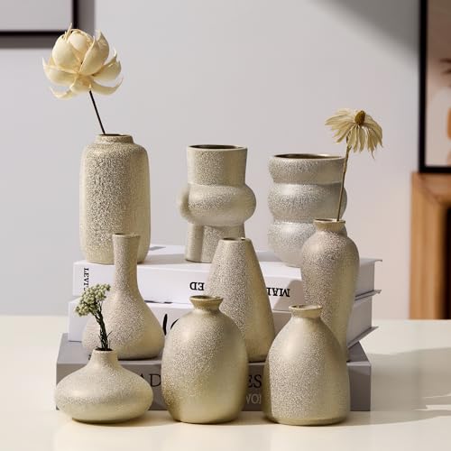 Set of 9 Ceramic Bud Vases for Pampas Grass Flowers, Small Vases in Bulk for Centerpieces Boho Vases for Wedding Decorations Neutral Living Room and Bedroom Decor DIY Gift (Gold) - color: Gold