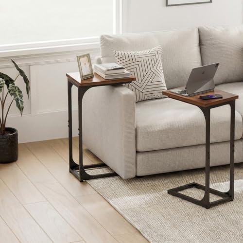 TEMI C Shaped End Table for Couch - Small Side Table and TV Tray for Eating or Laptop, Accent Desk for Chair or Sofa, Easy Assembly, Space-Saving Design for Living Room or Bedroom,Rustic Walnut - color: Rustic Walnut