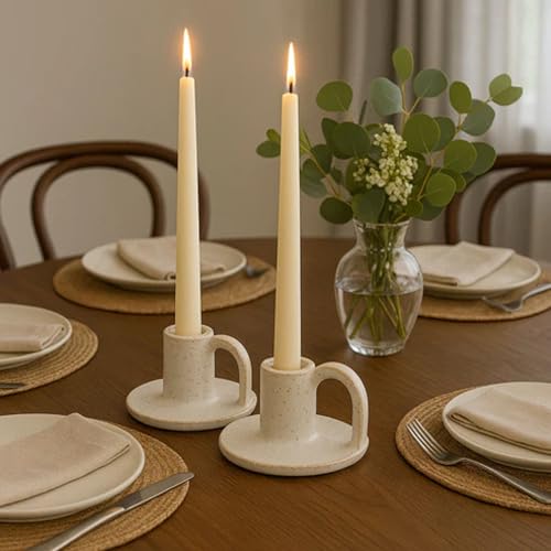 Ceramic Taper Candle Holders with Handle (Set of 2) – Tall Candlestick Holders for Table Decor Centerpieces, Rustic Home Décor, and Dinner Table Styling Glazed White - color: White