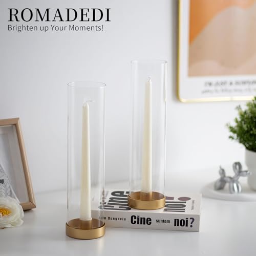 Romadedi Candlestick Candle Holders Hurricane Glass - 12 Inch Clear Gold Taper Candle Holders for Table Centerpiece Wedding Party Birthday Christmas Decor Home Decorations, Set of 2 - color: Gold