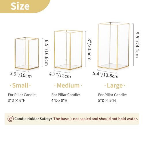 Nuptio Glass Hurricane Candle Holder Set of 3 Gold Pillar Candle Holders Large Rectangular Candleholder Table Centerpieces Decoration for Wedding Christmas Holiday Home Ornaments 9.5 & 8.1 & 6.5 inch - color: Gold, size: 9.5 & 8.1 & 6.5 inch H - 3 Pcs