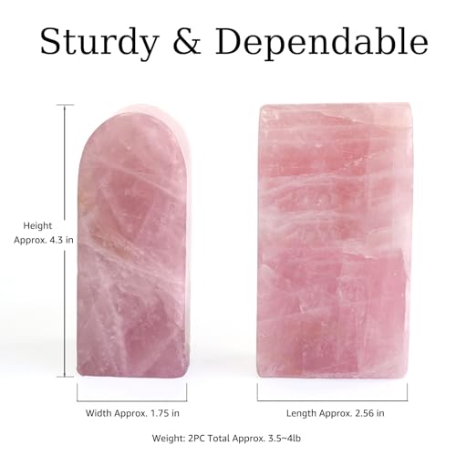 Natural Rose Quartz Bookends 3.5-4 lbs Pink Crystal Stone Decorative Bookends with Non-Slip Bumpers for Home and Office Decor