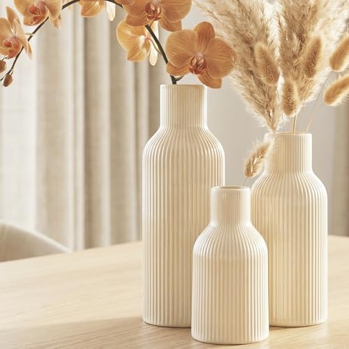 3-Piece Glossy Beige Ceramic Vase Set with Vertical Lines, Minimalist Solid Color Design, Decorative Vases for Shelf, Mantel & Tabletop, Assorted Sizes (9.8"/7.8"/5.9" H) - color: Glossy Beige