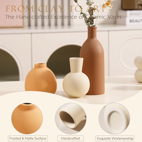 Joeabor Ceramic Vase Set of 3 - Handcrafted Ceramic Vases for Home Decor & Shelf - Modern Farmhouse Decor for Kitchen, Office, Bedroom & Living Room Decorative Objects for Mantel, Table Centerpieces - color: Set a