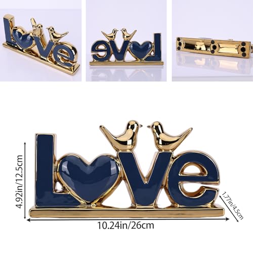 DOVDOV Blue and Gold Ceramic Love Sign Sculpture with Heart and Bird Statues, Modern Home Decor Accents for Living Room Coffee Table, TV Stand, Entryway and Shelf, Wedding or Housewarming Gift - color: Blg