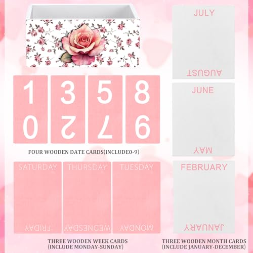 AceOrbit Pink Rose Wood Block Perpetual Calendar Coquettish Desk Decor Cute Month Week Date Display Decorative Block Calendar for Women Office Home Desk Gift for Women - style: Pink Roses