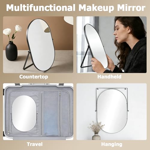 Vanity Desk Table Mirror, Adjustable Rotation Oval Tabletop Standing Makeup Mirror with Metal Framed for Living Room, Bedroom, Bathroom, Dark Grey