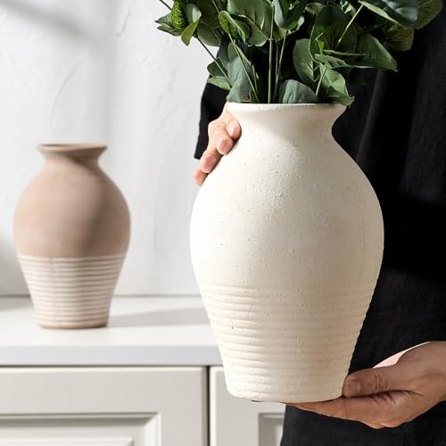 LUKA Ceramic Rustic Farmhouse Vase, 9.2 inch Whitewashed Terracotta Vase, Pottery Decorative Vases,Clay Decorative Vases for Home Decor, Table, Living Room, Shelf, Mantel Decoration(Off-White) - color: Off-white