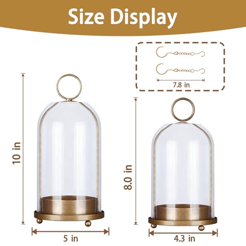 Large & Small Cloche Glass Dome Candle Holders - Glass Hurricane Candle Holder,Gold Candlestick & Lanterns Set of 2 Can Be Placed Desktop Hung,for Pillar Candles,Plants Decorative