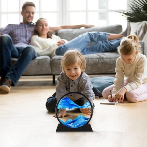 Moving Sand Art Picture - 3D Quicksand Painting Decor - Round Glass 3D Deep Sea Sandscape - Relaxing Decoration for Home,Office,Desk,Mantle,Bookshelf,Room- (Blue, 7 in) - color: Blue, size: 7"