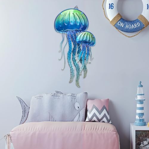 JOYBee Ocean Jellyfish Wall Art Decor-Sea Life Nautical Home Hanging Decor-Glass&Metal Jellyfish Decoration for Pool,Beach,Patio,Living Room,Bathroom,Boat, Coastal Decorations(17inch) - color: Blue Jellyfish